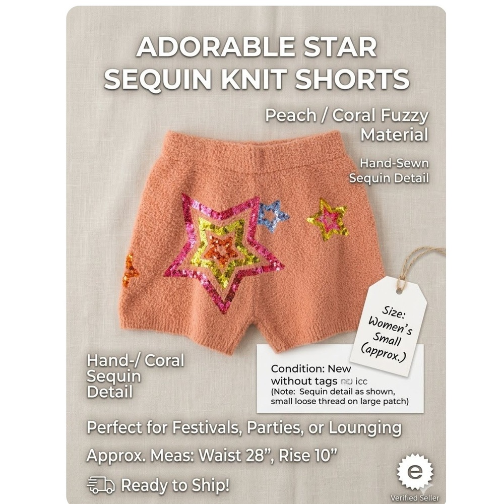 Blue B USA Star Sequin Fuzzy Knit Shorts Peach Coral Festival Loungewear